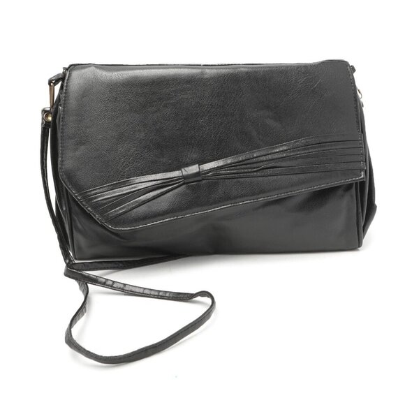 Vintage 80s Faux Leather Black Shoulder Bag Purse Clutch Asymmetrical Evening - Picture 1 of 10